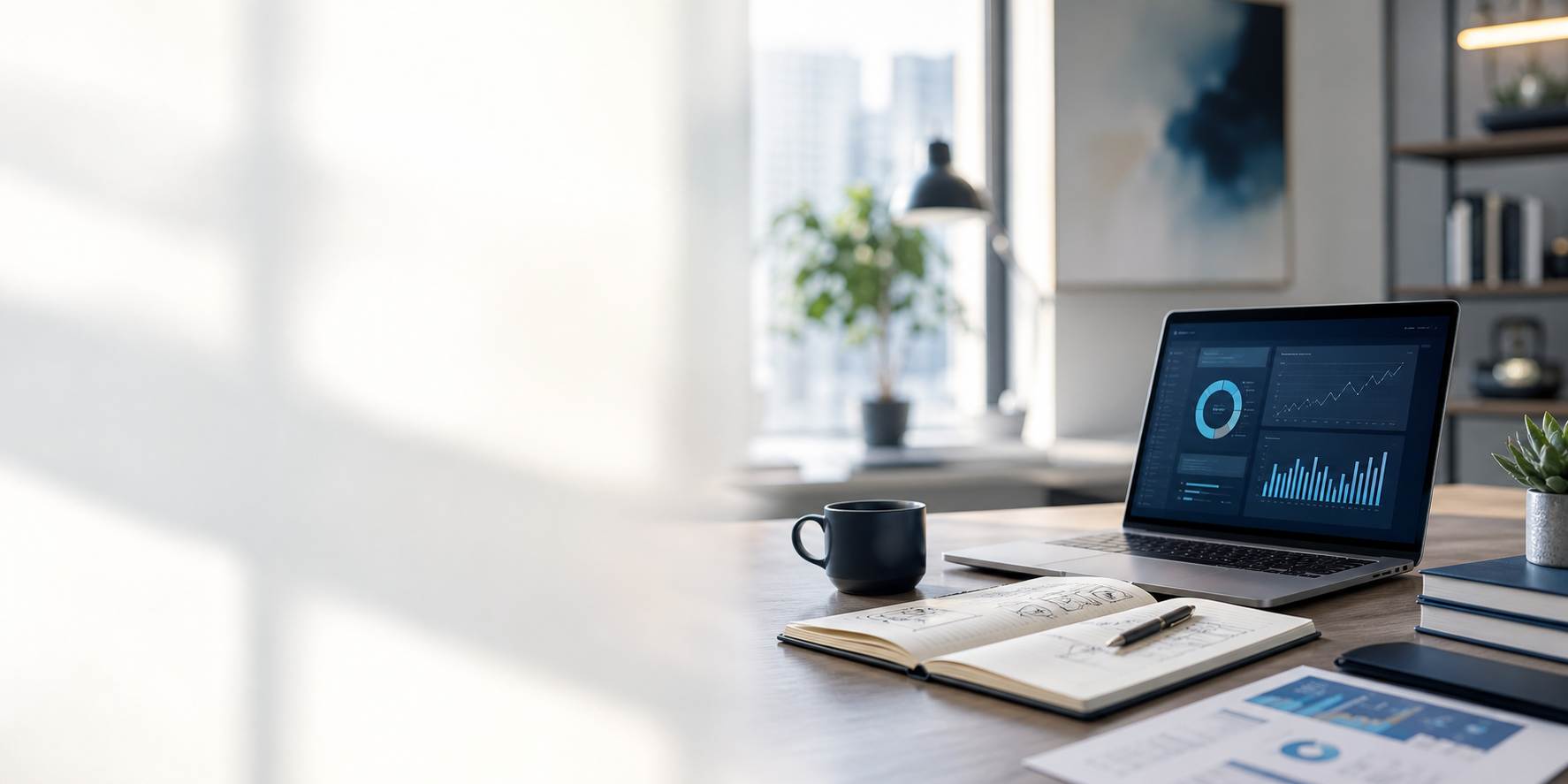A refined executive workspace with abstract business planning details
