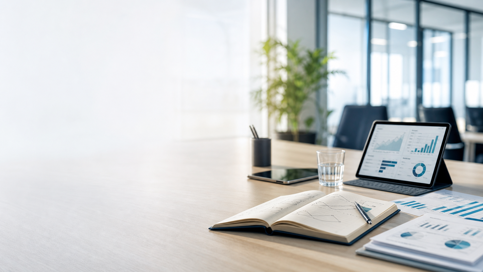 A bright business workspace with abstract planning notes and analytics