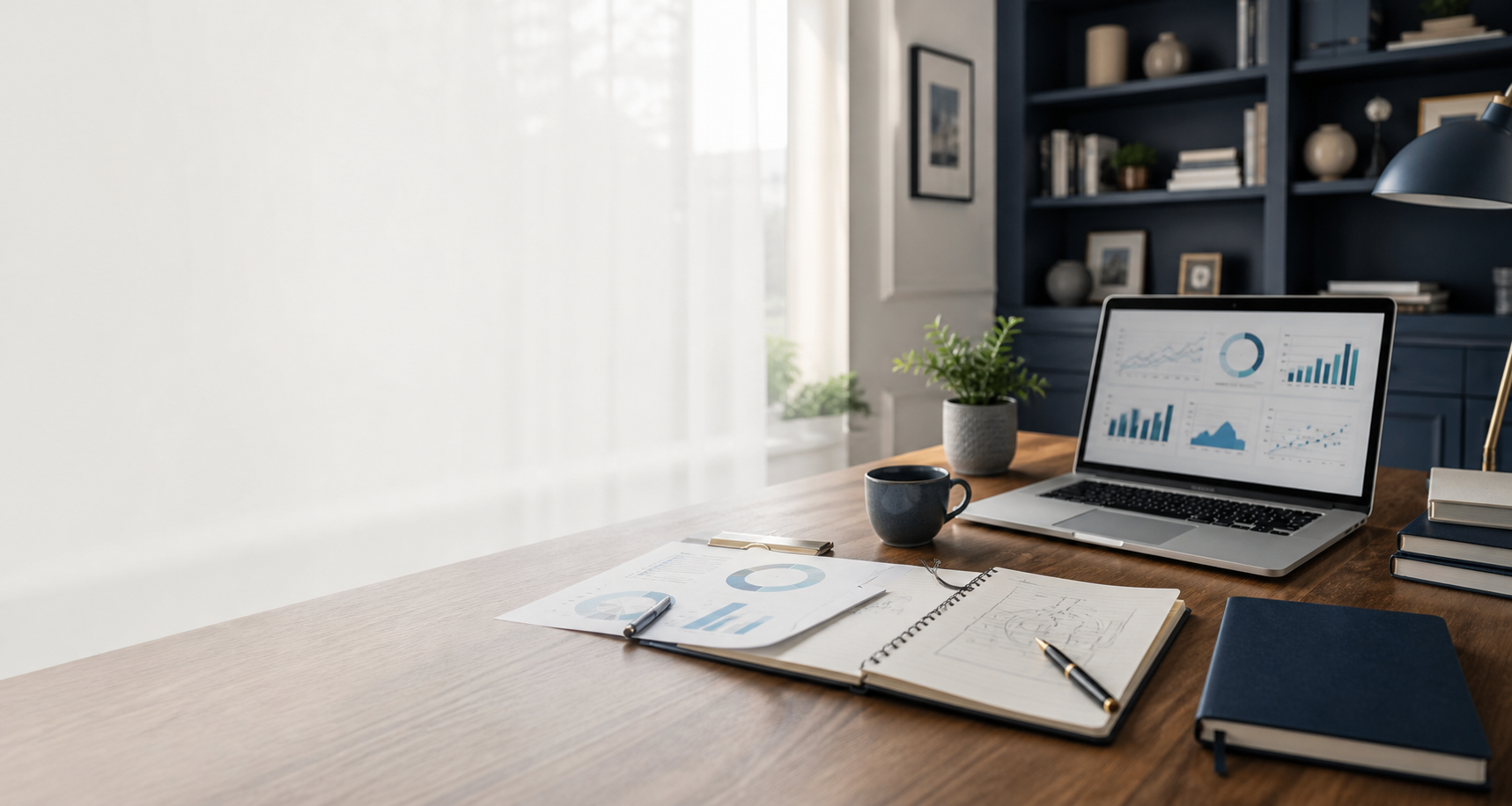A calm executive study with strategy notes and business writing tools